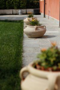 a row of planters with plants in them on a sidewalk at Albergo della Ceramica in Villanova Mondovì