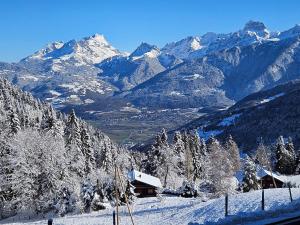 uma serra coberta de neve com uma cabina em primeiro plano em Sweet & Cosy Chalet in the heart of the Swiss Alps em Troistorrents