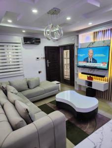 Kings Lux Home في لاغوس: غرفة معيشة مع أريكة وتلفزيون بشاشة مسطحة