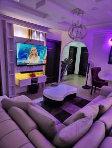 w purpurowym salonie z kanapą i telewizorem w obiekcie Kings Lux Home w mieście Lagos