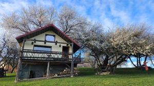a small house with a balcony on the grass at Casa rustica in Braşov