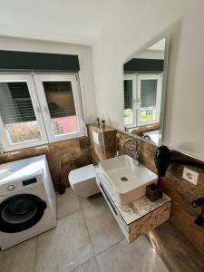 a bathroom with a sink and a toilet and a mirror at Haus der Sonne in Soltau +59 photos