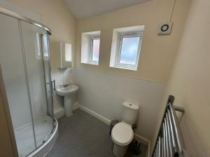 a bathroom with a shower and a toilet and a sink at Macclesfield Lodge in Macclesfield