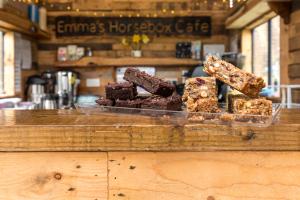 a tray of different types of brownies on a counter at Delightful Shepherd hut in Graffham