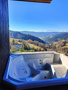 a bath tub sitting in a window with a view at Bacówki Resort in Ochotnica Górna