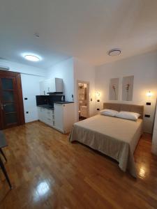 1 dormitorio grande con 1 cama y cocina en Pleasant home apartments, en Rijeka