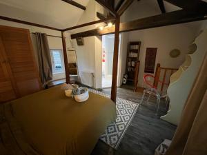 ein Schlafzimmer mit einem Bett und einem Stuhl in einem Zimmer in der Unterkunft la Belle Seine in Samois-sur-Seine