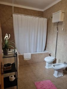 a bathroom with a toilet and a shower curtain at Quinta Da Mata in Sobral