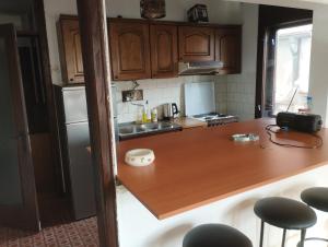 a kitchen with a wooden counter top and a refrigerator at Hostel Golub in Zaječar