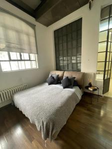 a bedroom with a large bed with two windows at Angolo di isa in Busto Arsizio