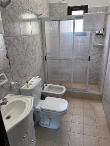 Un baño con inodoro, lavabo y ducha. en Las Balda, tu casita en Viedma, en Viedma