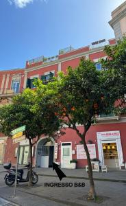 drzewo pomarańczowe przed czerwonym budynkiem w obiekcie B&B La Cassa Armonica w mieście Pozzuoli