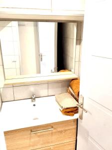 uma casa de banho com lavatório, espelho e toalhas em Appartement de 3 chambres avec hammam jardin clos et wifi a Aix en Provence em Aix-en-Provence