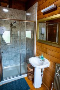 a bathroom with a sink and a shower at Cherry Cabin - Little Log Cabin in Wales in Bettws Cedewain