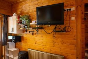 a television hanging on a wooden wall in a room at Cherry Cabin - Little Log Cabin in Wales in Bettws Cedewain