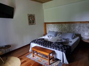 a bedroom with a bed and a tv on a wall at Chalé Antúrios - Lavras Novas in Lavras Novas
