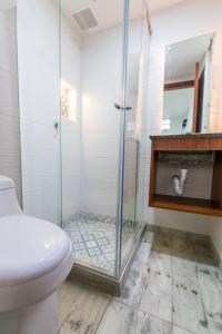 a bathroom with a shower and a toilet at Hotel Casa Botero 101 in Bogotá