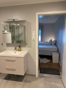 a bathroom with a sink and a bedroom with a bed at Cozy one-bedroom with a view in Molde