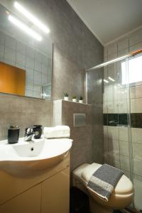 bagno con lavandino e doccia di Zoe's Place - 1 BD Beachfront Apartment a Kíssamos