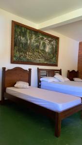 two beds in a room with a painting on the wall at Chalé Gigante Adormecido in Joanópolis +63 photos