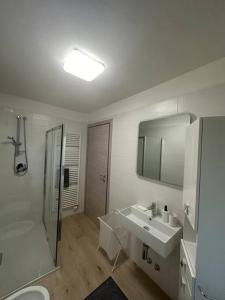 bagno con lavandino, servizi igienici e specchio di Le Coccole a Vicenza