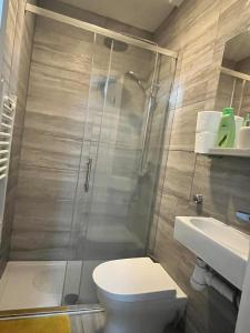 ein Bad mit einer Dusche, einem WC und einem Waschbecken in der Unterkunft Home Away in London