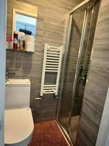 a bathroom with a shower and a toilet and a sink at Home Away in London