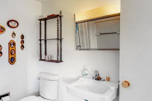a bathroom with a toilet and a sink and a mirror at Mountain Vista - Barn in Hesperus +38 photos