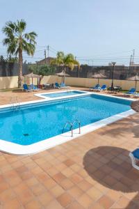 duży basen w ośrodku z palmami w obiekcie Hospedium Hotel Abril w mieście San Juan de Alicante