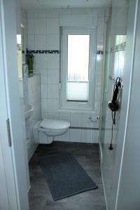 a white bathroom with a toilet and a window at Harzidyll-Meinecke in Blankenburg