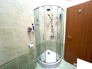 a shower stall with a toilet in a bathroom at ArtWoodResidence in Ankaran +24 photos