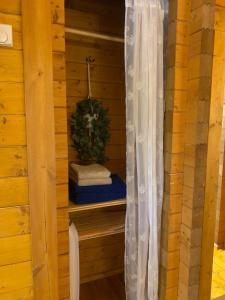 a shower in a sauna with a shower curtain at Cherry Cabin - Little Log Cabin in Wales in Bettws Cedewain