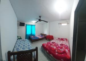 Hotel Unico City في سانتا مارتا: غرفة نوم بها سريرين ومروحة سقف