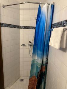 a shower with a blue shower curtain in a bathroom at Brienz Strasse in Interlaken