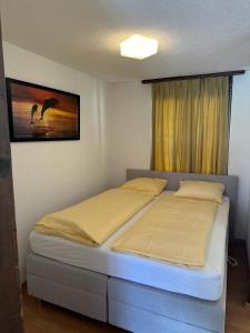 1 dormitorio con 1 cama con una foto en la pared en Brienz Strasse en Interlaken
