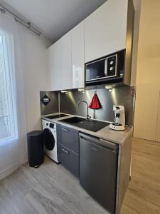 uma cozinha com um lavatório e um micro-ondas em Le Petit Havre de Paix em Le Kremlin-Bicêtre
