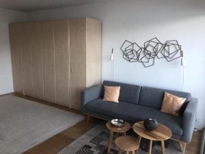 uma sala de estar com um sofá azul e uma mesa em Ascona Residenz Sollevante em Ascona