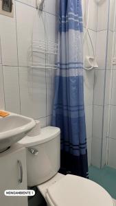 a bathroom with a toilet and a blue shower curtain at El Viejo Roble in Cusco