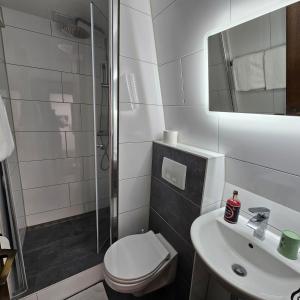 uma casa de banho com um WC, um chuveiro e um lavatório. em Hotel Kölner Hof em Mülheim an der Ruhr