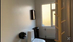 a bathroom with a toilet and a window at Starlight Camping Pods in Hvolsvöllur