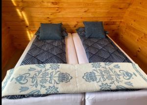 two twin beds in a room with wooden walls at Starlight Camping Pods in Hvolsvöllur