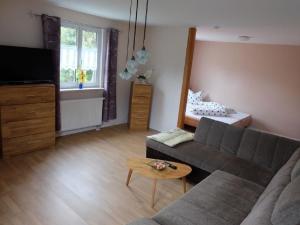 ein Wohnzimmer mit einem Sofa und einem Tisch in der Unterkunft Ferienhaus am Wald mit Sauna in Bad Elster