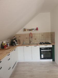 a kitchen with white cabinets and a black oven at Im Herzen des Elbsandsteingebirges in Königstein an der Elbe