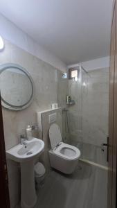 a bathroom with a toilet and a sink and a mirror at Guest House LION in Berat