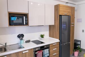 a kitchen with a sink and a refrigerator at A brand new apartment in Pieta