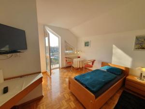 a bedroom with a bed and a table and a television at ABM Apartment 35 in Zwingenberg