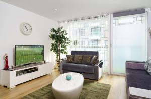 uma sala de estar com um sofá e uma televisão em COBALT POINT, South Quay em Londres