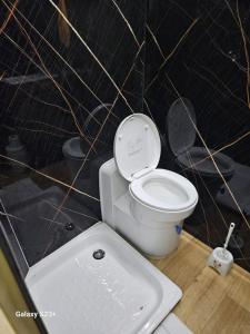 a small bathroom with a toilet and a sink at יהליס קראונים נגררים השכרת קראוונים in Baraq