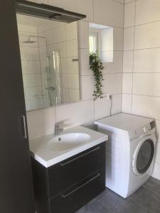 ein Badezimmer mit einer Waschmaschine und einem Waschbecken in der Unterkunft Ferienhaus für 8 Personen ca 50 m in Rockneby, Südschweden Schärengarten der Südostküste in Rockneby