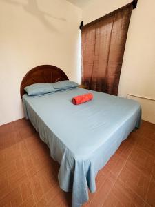 sypialnia z łóżkiem z czerwoną poduszką w obiekcie Departamento Valentina w mieście Santa Cruz Huatulco
